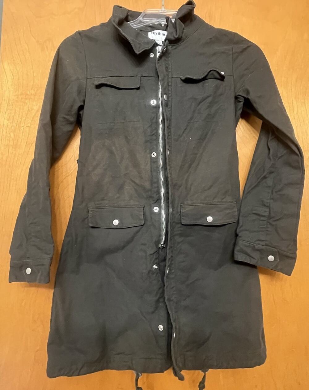 Rhythm Green Jacket Womans Size XS Zip/button Up Canvas Hooded 100% Cotton Cinch